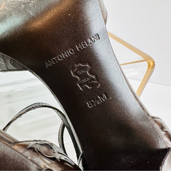 ANTONIO MELANI BROWN LEATHER EMBOSSED SIZE 8.5 GREAT COND 3โ STRAPPY HEELS - Picture 9 of 9